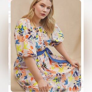 Eloquii Floral Puff Sleeve Back Cut Out Pink Leaf Print Maxi Dress Plus Size 26